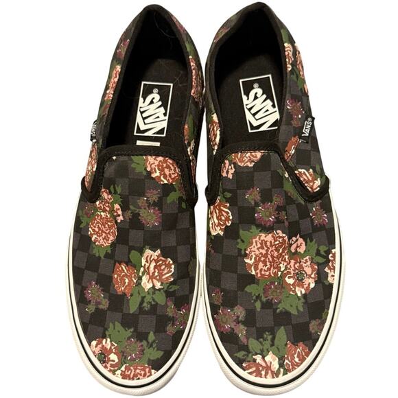 Vans Asher Flowers & Checks Black Slip On Flat Shoe Women’s Size 10 - Picture 2 of 6